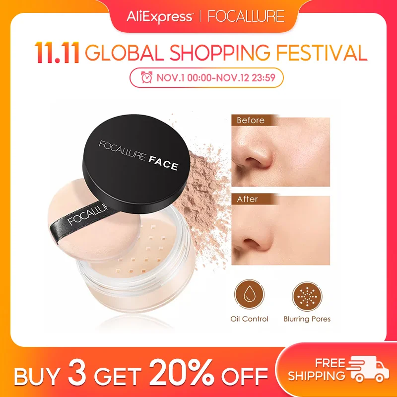 FOCALLURE 9 Colors Loose Powder Makeup Transparent Finishing Powder Waterproof Cosmetic For Face Finish Setting With Puff