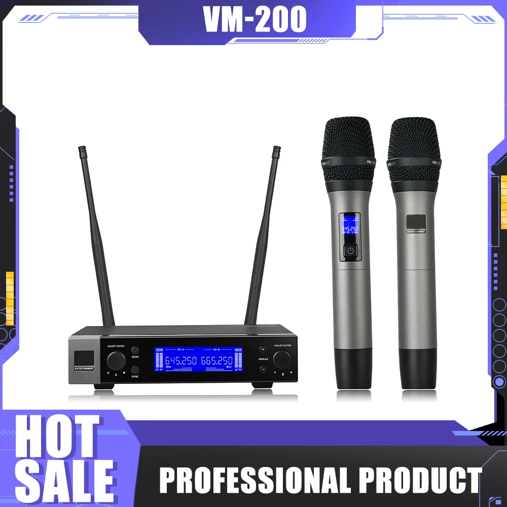

Профессиональная беспроводная динамическая микрофонная система VM200 для JBL, 2-канальный УВЧ VM 200 микрофон для пения KTV, DJ, сцены, караоке