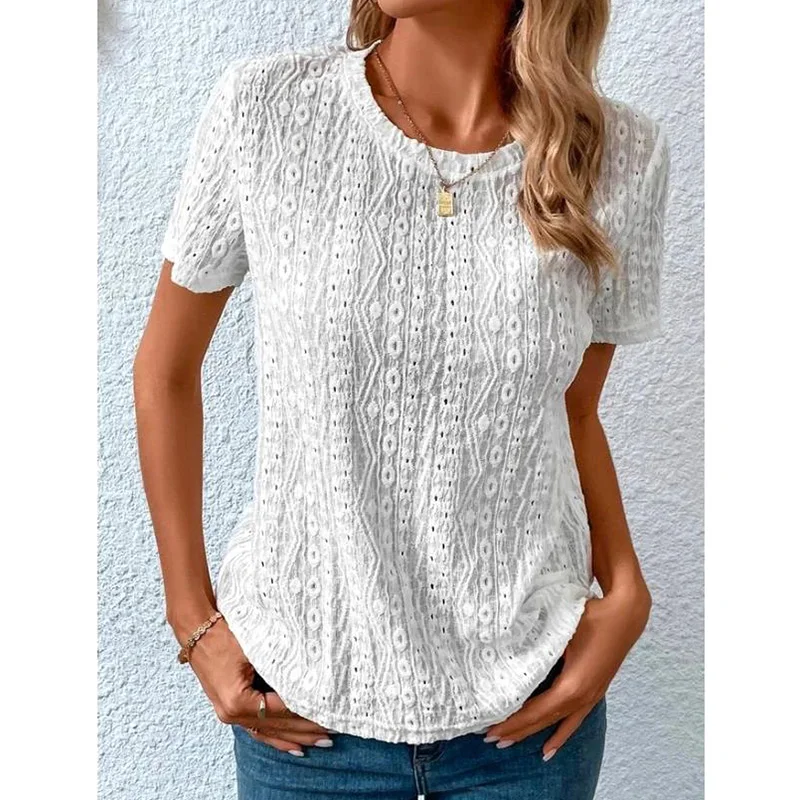

Women's Shirt 2023 Spring/Summer New Solid Round Neck Shirt Hollow Short Sleeve Loose Shirt Versatile Hollow Out Shirt Women