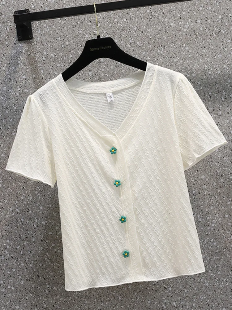

Oversize M-4XL V-neck Chic Top Women Summer Sweet Short Sleeve Large Tshirt Shirring 100KG Female Loose Tops korean style