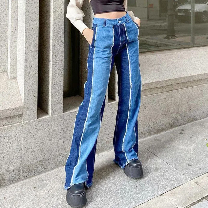 Casual Retro Patchwork Jeans Fringed Straight Jeans Women's Overalls Mom Retro Y2K Trousers Streetwear Blue 90S Boyfriend Jeans