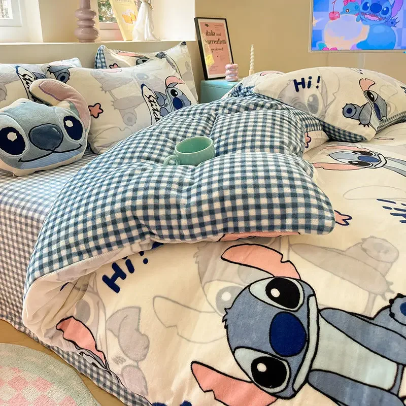

Stitch Lotso Mickey Donald Duck Pooh Bear creative cartoon thickened warm milk velvet bed sheet and quilt cover three-piece set