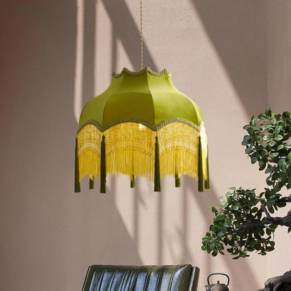 Винтажная Потолочная люстра зеленая тканевая прикроватная лампа с кисточками