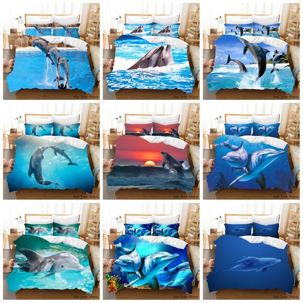 

3D Bedding Set Dolphin Blue Sea Printed Bed Linen Animal Pattern Polyester Duvet Cover Set 2/3 piece Single Double Size Bedcloth