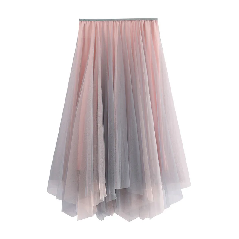Pink Green Irregular Midi Long Tulle A-line Skirt Women 2022 Autumn Winter Sweet Gradient Color High Waist Skirt Female