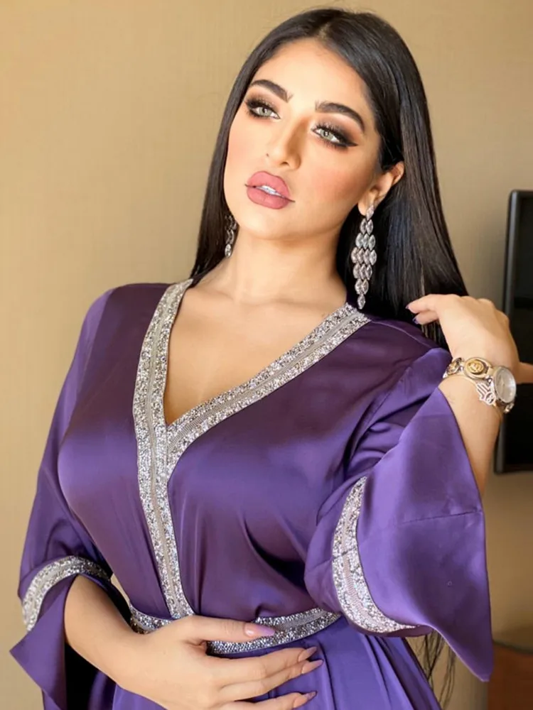 

Satin Maxi Dress For Women Turkey Arabic Diamond V Neck Long Sleeve Jalabiya Muslim Islamic Ethnic Abaya Party Fall New