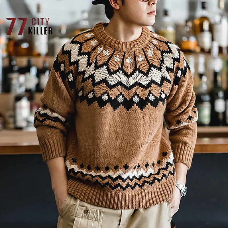 

American Vintage Men's Sweater Thickened Warm Jacquard Bottomed Sweater Men's Round Neck Color Blocking Comfortable Pullover