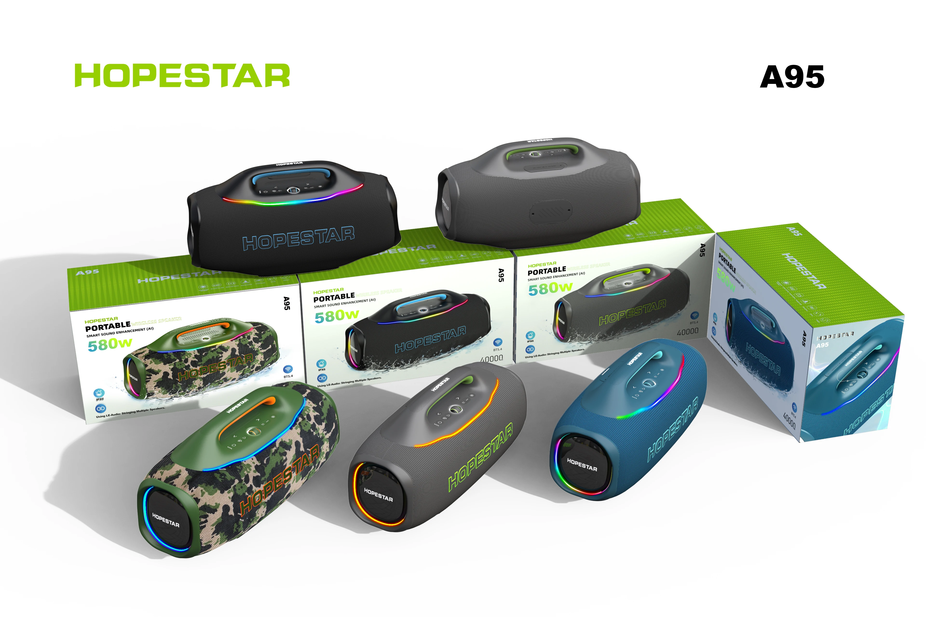 Портативная Bluetooth-колонка HOPESTAR A95 580W с беспроводным микрофоном UHF, аккумулятором 40000 мАч, RGB-подсветкой и функцией AuraCast для использования на улице (art.: 3920da358c769) - 3920da358c769