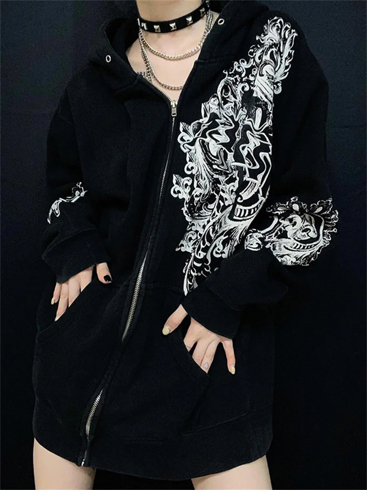 

Street Dark Wind Abstract Print Zipper Hooded Sweater Harajuku Retro Early Autumn Street Shooting Loose All-match Jacket Yk2 Emo