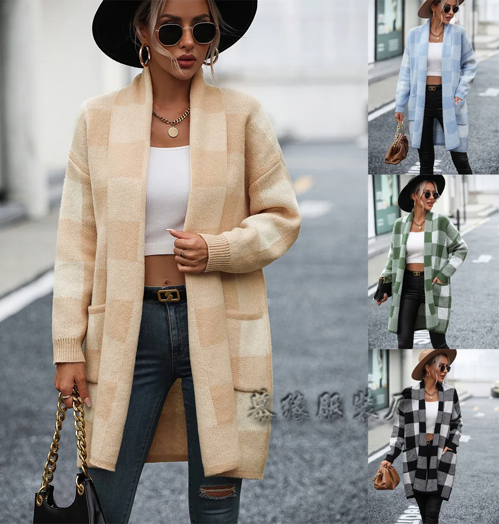 

2023 cross-border new European and American coat loose check color matching explosion fashion knitted cardigan sweater women