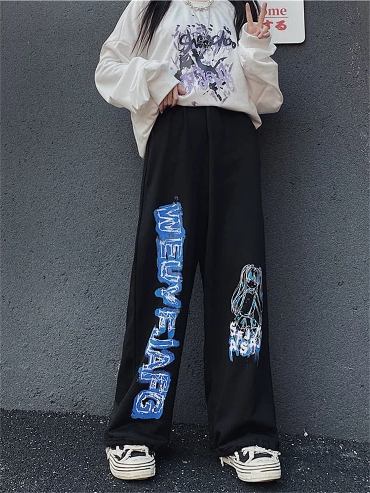 QWEEK Anime Print Wide Leg Pants Women Harajuku Streetwear Alt Oversize Jogging Sweatpants Baggy Korean Fashion Joggers Trousers