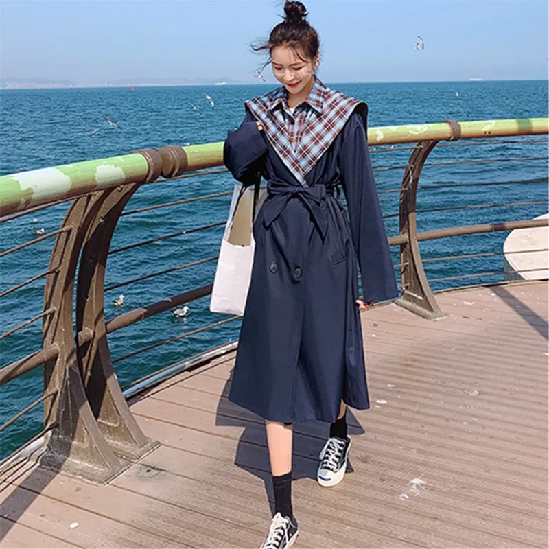 

Korean Style Plaid Cape Splice Double Breasted Belted Long Trench Coat Jacket 2023 Spring Women Elegant Loose Windbreaker 1883