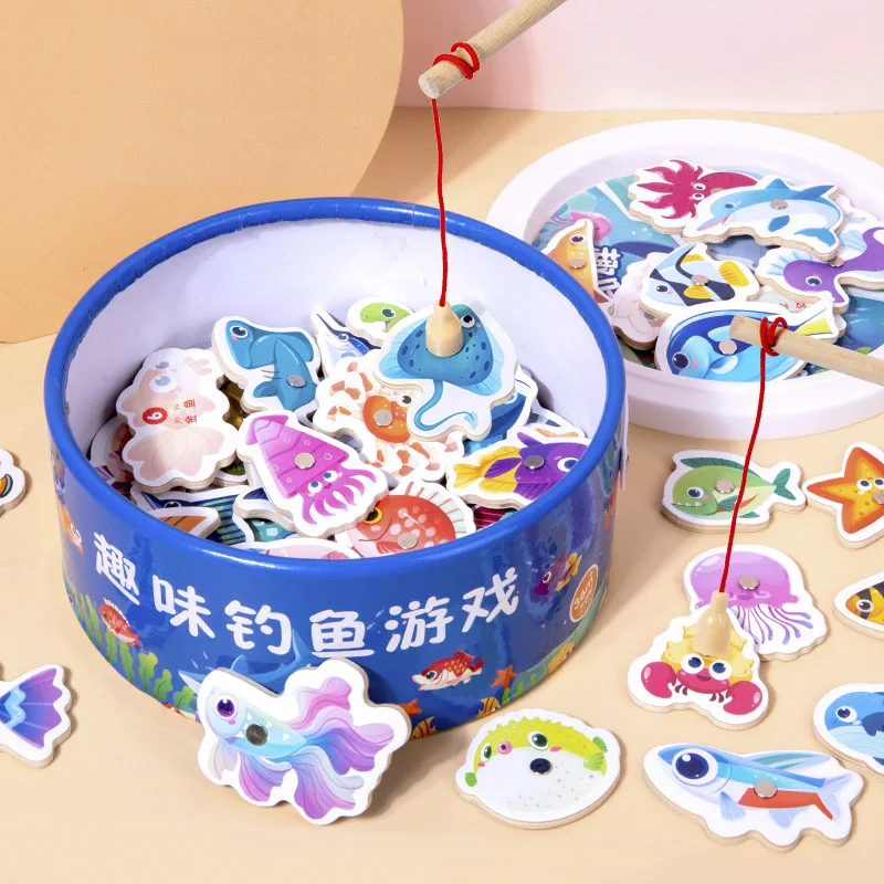 Деревянные магнитные рыболовные игрушки Монтессори для детей мультяшная