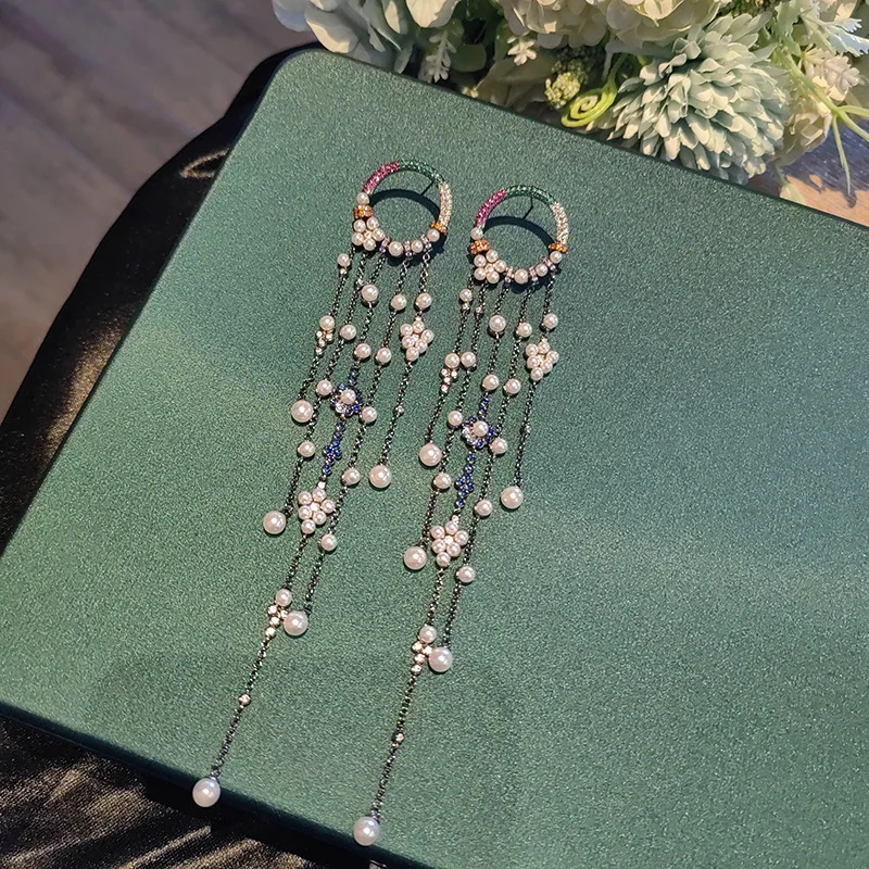 

Изысканные модные серьги из серебра 925 пробы с кисточками, Женские винтажные длинные серьги с маленьким пресноводным жемчугом, висячие серь...