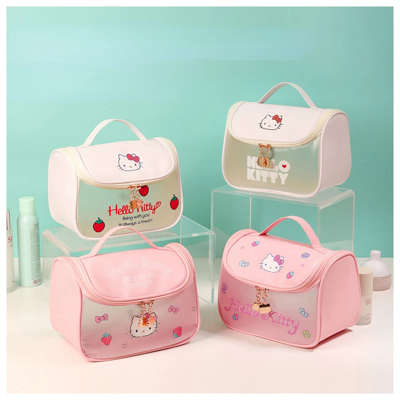 

Hello Kitty Sanrio Anime Kawaii Cosmetic Bag Scrub Large Capacity Waterproof Portable Hook PU Leather Cartoon Wash Storage Bag