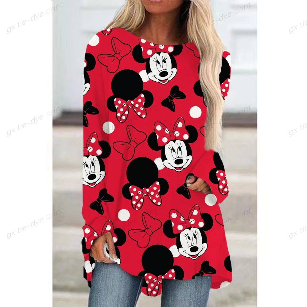 

Round Neck Long Sleeve Disney Minnie Mickey Print Women T-Shirt 18Color Loose Casual Tops Cute Tees Aesthetic Irregular Pullover