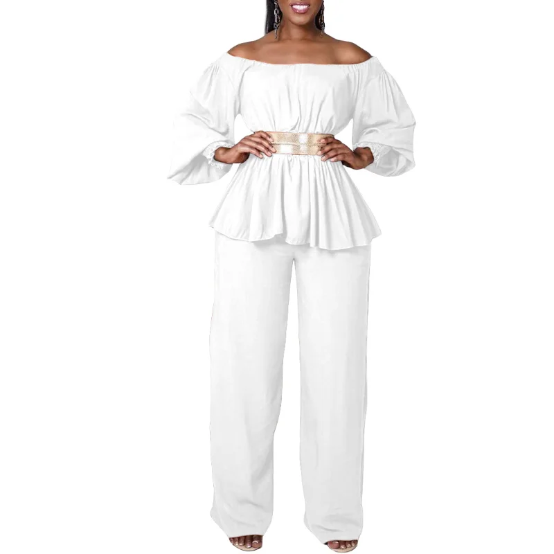 2 Piece Women Set 2023 New Arrival Summer Matching Sets Pleated Off The Shoulder Top And Pants Suits Outfits Clothing And Belt