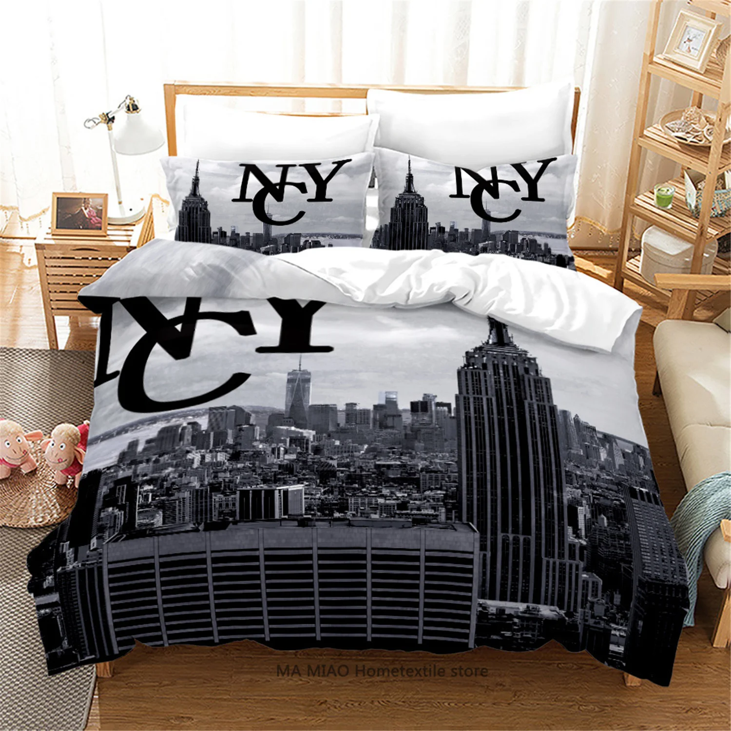 

2/3pcs Night View Of City Buildings Bedding Set Duvet Cover and Pillowcase Double Queen 220x240 Size Quilt Cover Bedroom