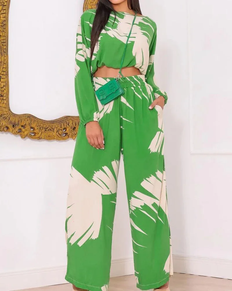 

Boho Print Tops Commuter Wide Leg Pants Two Piece Set Women Summer Casual Loose Suits Streetwear Y2k 2022 Outfits