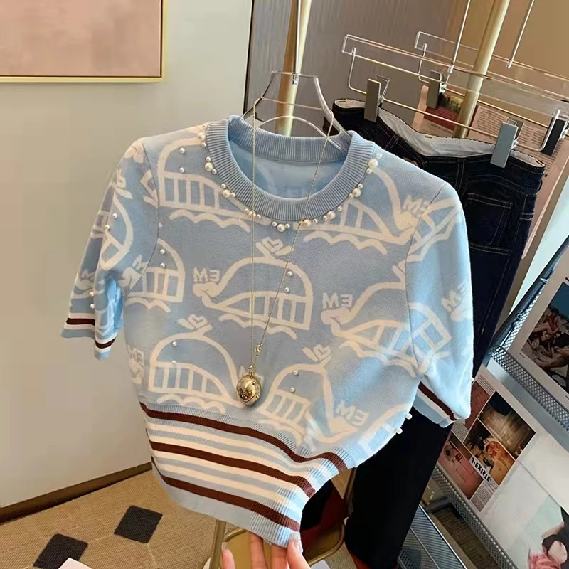 

Chic Printing Puff Sleeve Sweater Women 2022 Spring Summer Knitted Top Beading O-neck Hit Color Stripe Pullover Knitwear