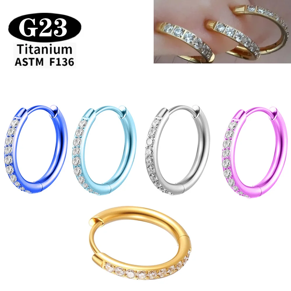 Фото Титановое кольцо ASTM F136 G23 с фианитом, шарнирное, круглое, для пирсинга носа, анодированное, для пирсинга уха (хеликс), качественный обруч №1