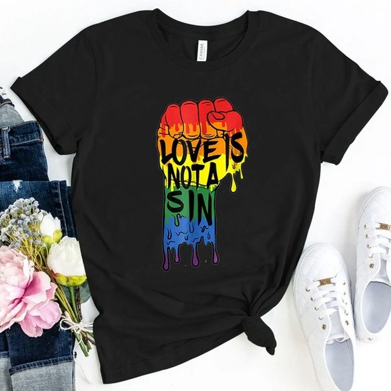 

Love Is Not A Sin Rainbow Fist Print Women T Shirt Short Sleeve O Neck Loose Women Tshirt Ladies Tee Shirt Tops Camisetas Mujer