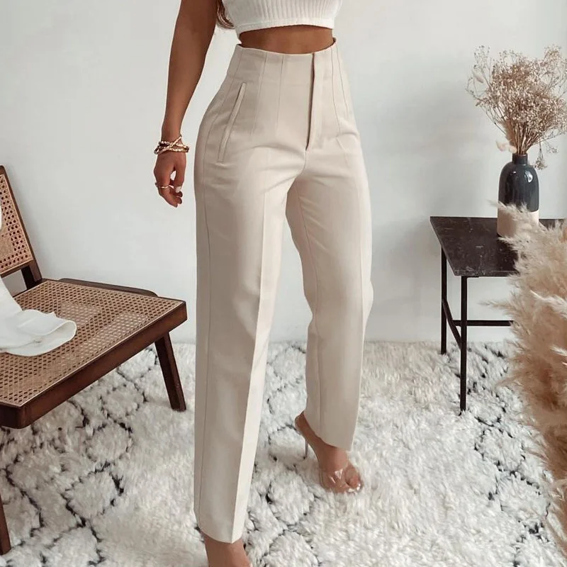 

2023 Fashion High Waisted Casual White Trousers Women Brown Stright Pants Office Lady Korean Style Women Pantalones Mjuer