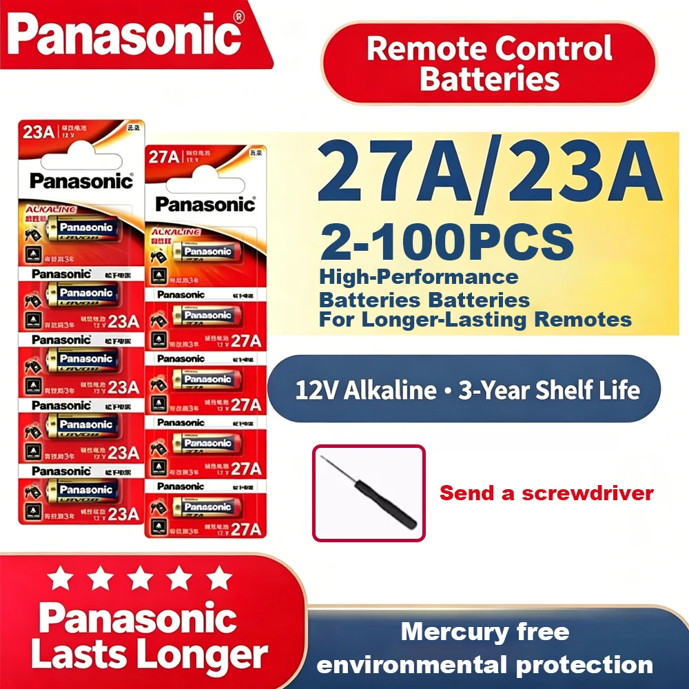 Фото Батарейки Panasonic 23A 27A 12V щелочные A23 A27 23GA A23S E23A MN21 V23GA GP23A LRV08 L1028, долговечные, герметичные, для использования в бытовой технике №1