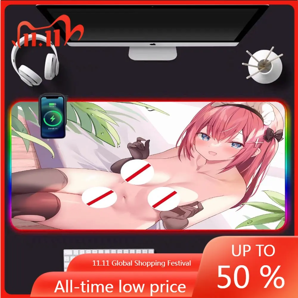 

Большой Настольный коврик для мыши с рисунком девушки с большой грудью и RGB-подсветкой, большой коврик для мыши в стиле аниме, размер Xxl, 90x40 с...