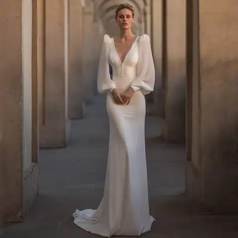 UZN Elegant Elegant Mermaid Wedding Dresses Puff Sleeve Beadings Bridal Gowns Boho Beach V-neck Wedding Prom Gowns Custom Size