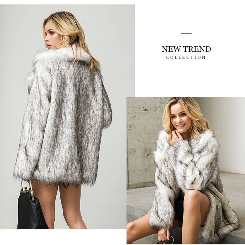 Faux Fur Coat Women Fashion Thick Warm Fur Lapel Long Sleeves Winter Coats Jackets European and American Mid-length Fur Jacket