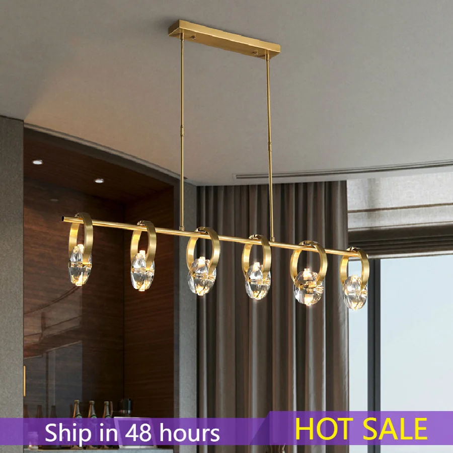 

Copper Luxury LED Chandelier G4 Modern Simple Dining Room Island Hanging Light Bar Restuarant Crystal Coffee Long Pendant Lamp