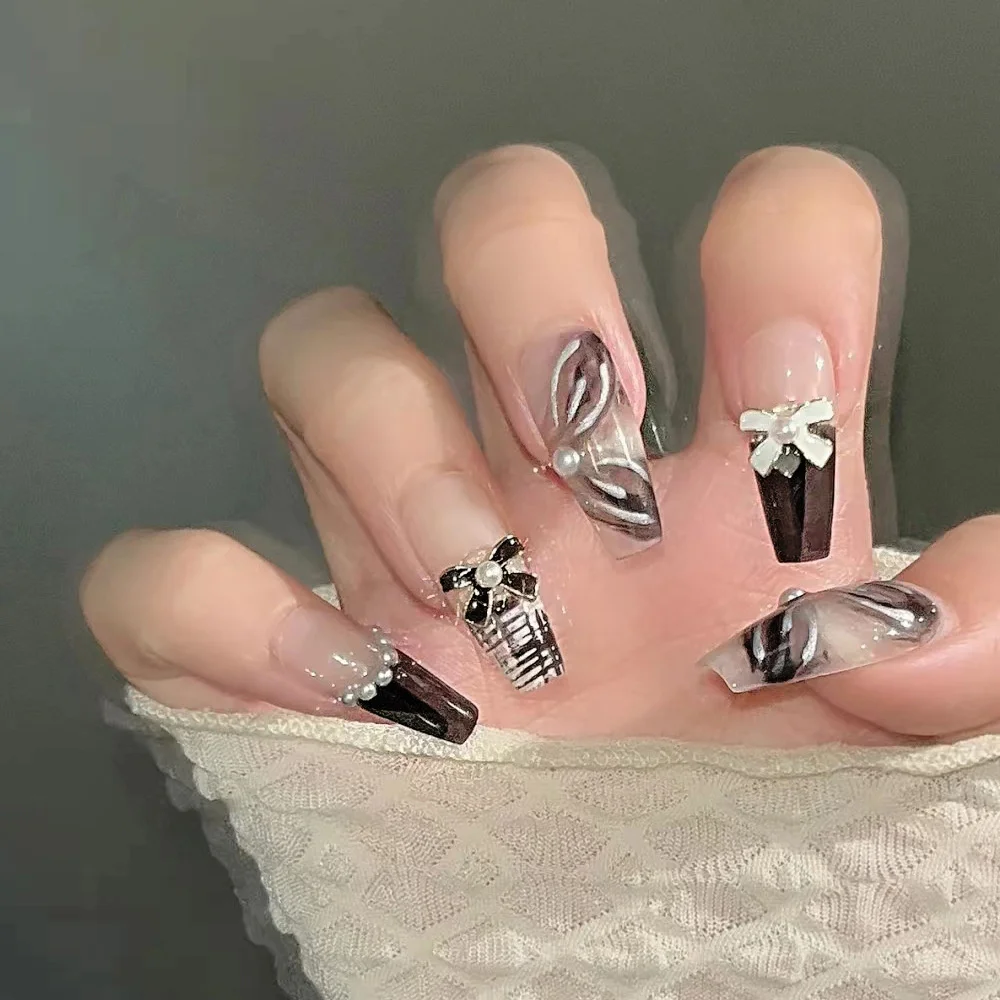 

Набор черных и белых длинных накладных ногтей в форме балерины, накладные ногти, элегантные жемчужные накладные ногти для французского маникюра с дизайном гроба