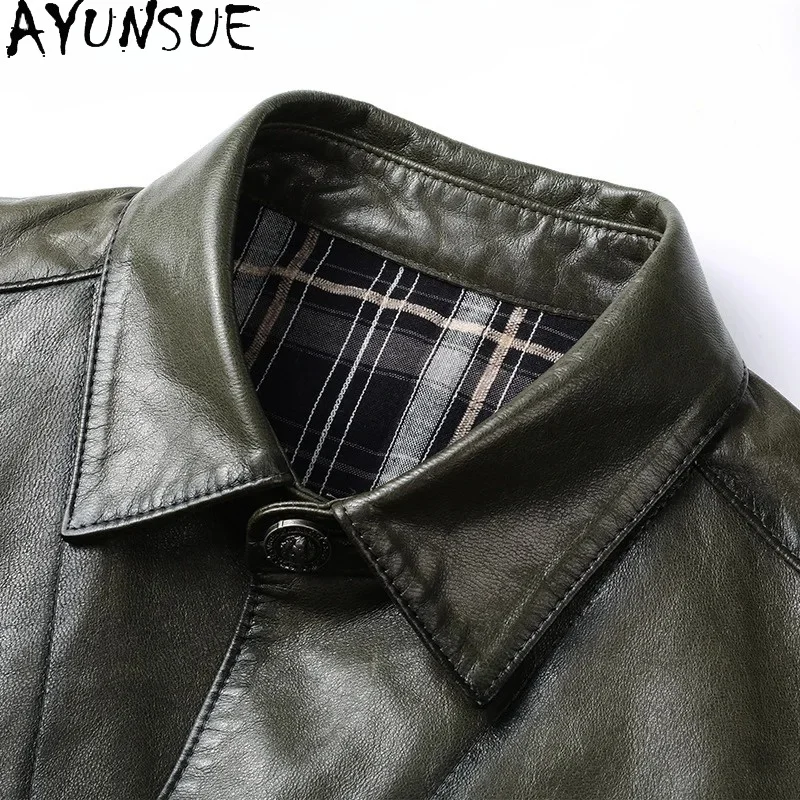 Фото Кожаная куртка AYUNSUE из натуральной козьей кожи для мужчин, верхняя одежда, деловой повседневный стиль, с отложным воротником №2