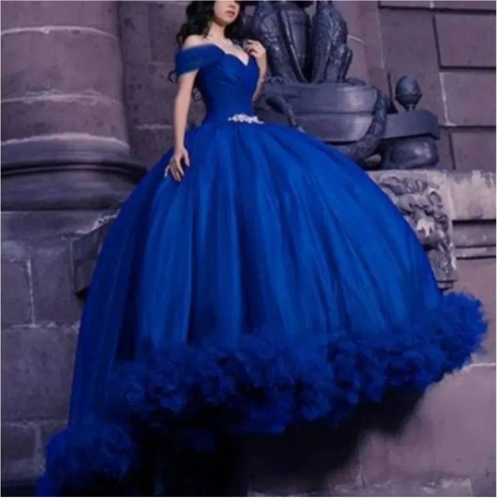 

Haute Couture Royal Blue Tulle Ball Gown Quinceanera Dresses Sweetheart Appliqued Sash Sweet Sweep Train Lace Up Back