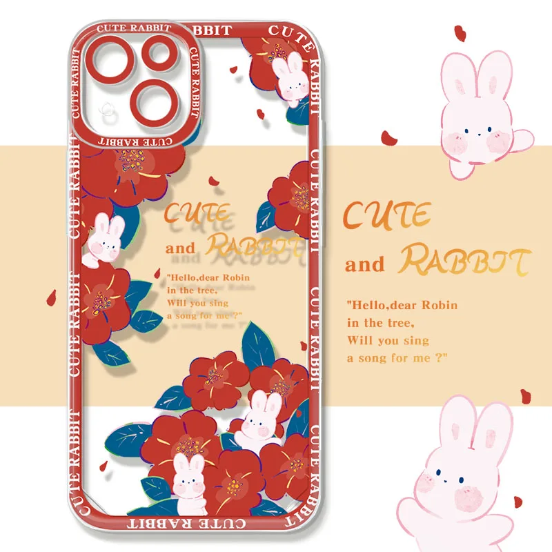 

Luminous Cartoon Cute Rabbit Phone Case For IPhone 14Pro Max 13Plus 12 11 X XR/XS INS Style Red Flower Silicone Shockprooc Cover