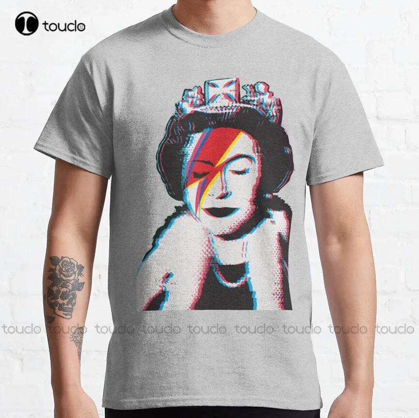 

Banksy Uk England God Save The Queen Elisabeth With David Rockband Face Makeup Lightning Red And Blue Retro Effect T-Shirt New