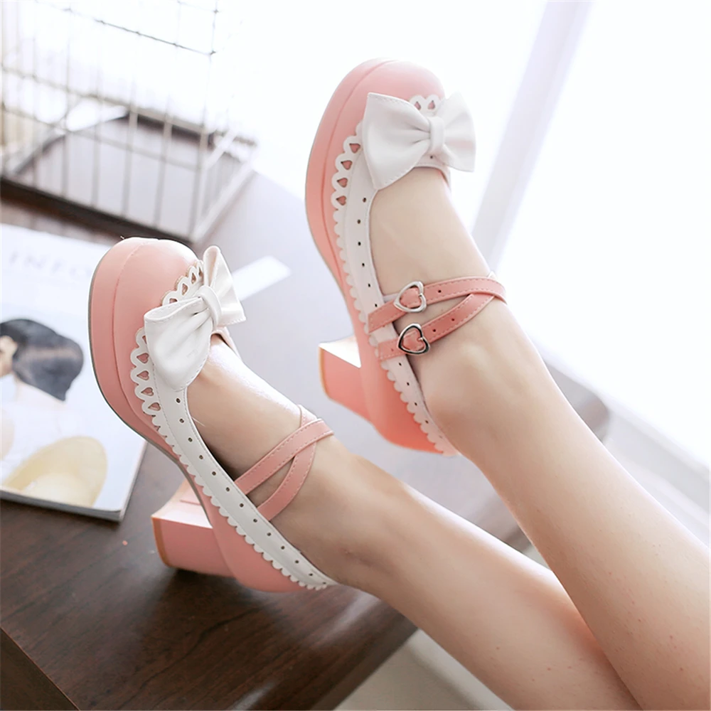 2021 New Spring Autumn Women Pumps Lolita Shoes Platform High Heels Pink Mary Jane Shoes Bow Block Heel Ladies Party Shoes 33-43