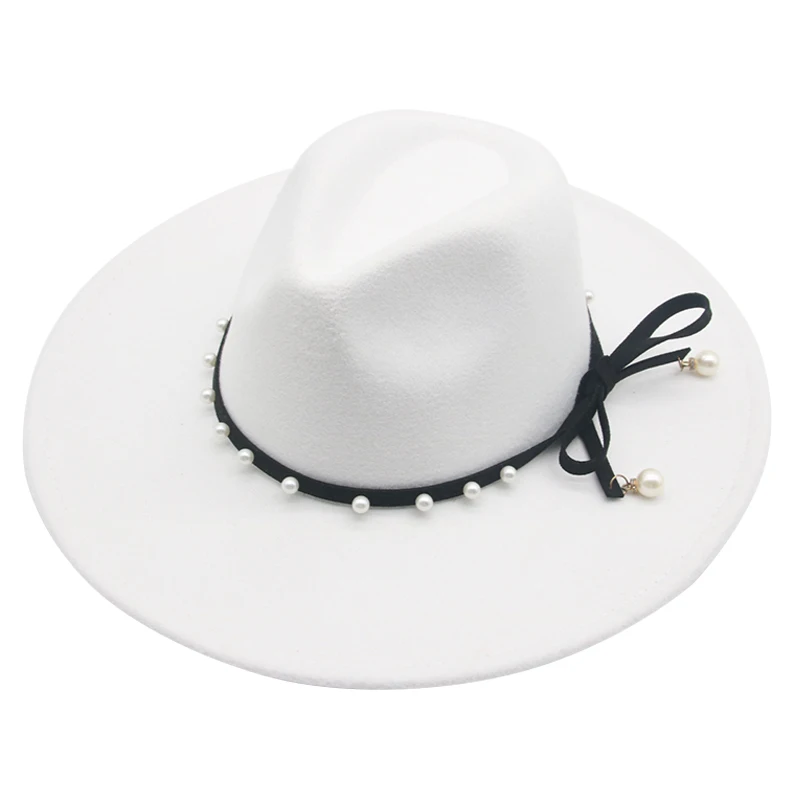 

Fedora Hats Big Brim 9.5cm White Black Pearl Band Elegant Women Hats Outdoor Winter Summer Dress Wedding Fashionable Women Hats
