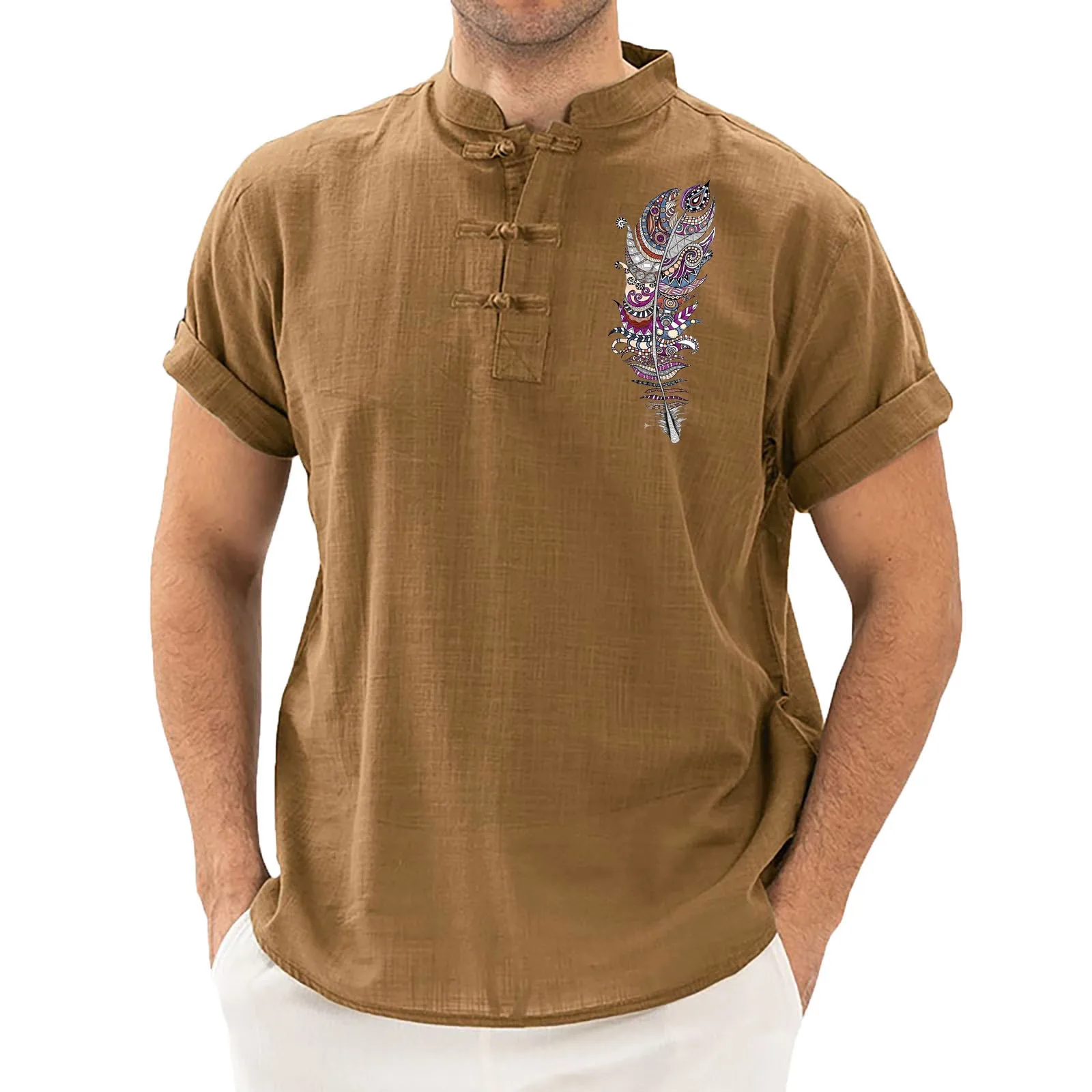

Men Spring And Summer Solid Color Top Shirt Casual Cotton Linen Stand Collar Top Vacation Short Sleeve Slim Fit Blouse