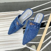 blue denim cloth slippers pointed toe outdoor slides slingback mules slip on flats simple women shoes