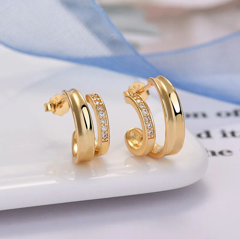 

Yoofaning 925 Silver needles Double Type C Stud Earrings for Women Crystal Zircon Studs Gold earring Jewelry
