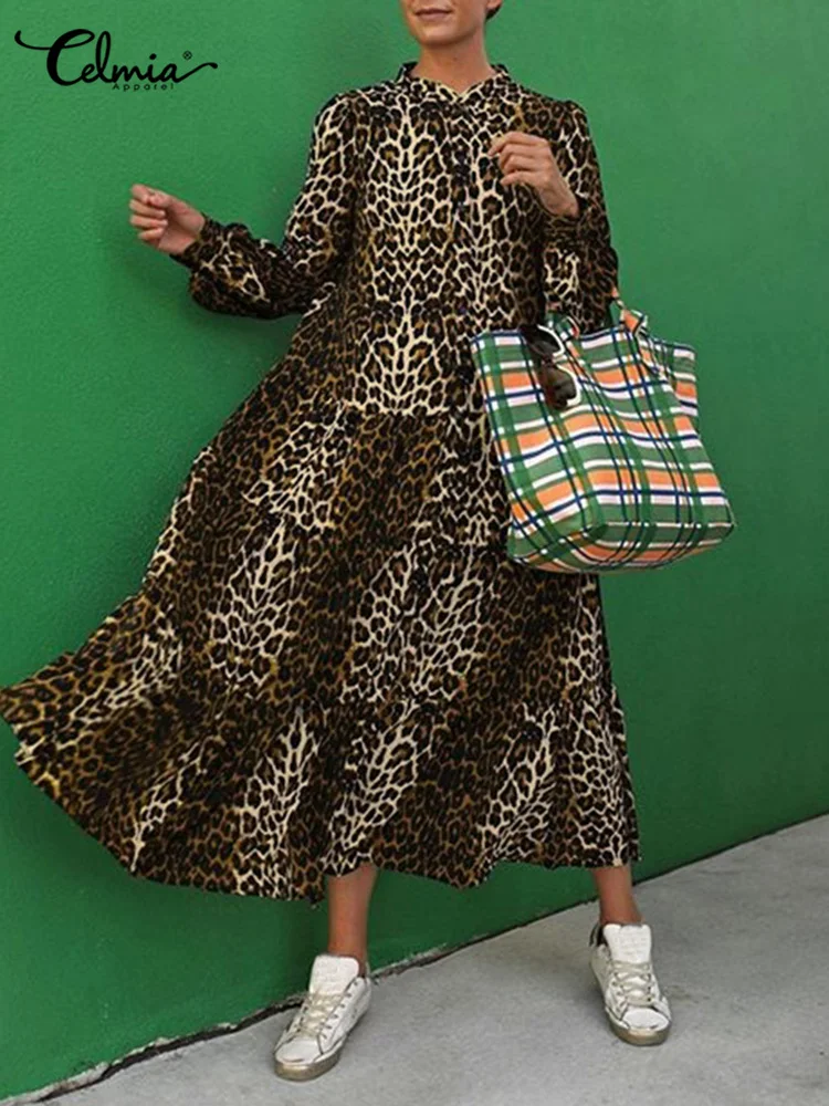 

Celmia Fashion Women Shirt Dress Autumn Leopard Print Casual A-line Vestidos Mujer Long Sleeve O-neck Elegant Pleated Midi Dress