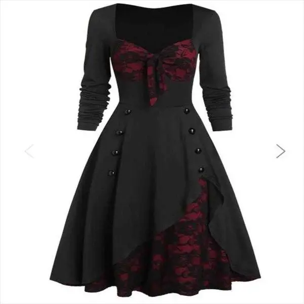 

Court Vintage Lace Ing Button Dresses Long Sleeve Womens Dress Mid-length