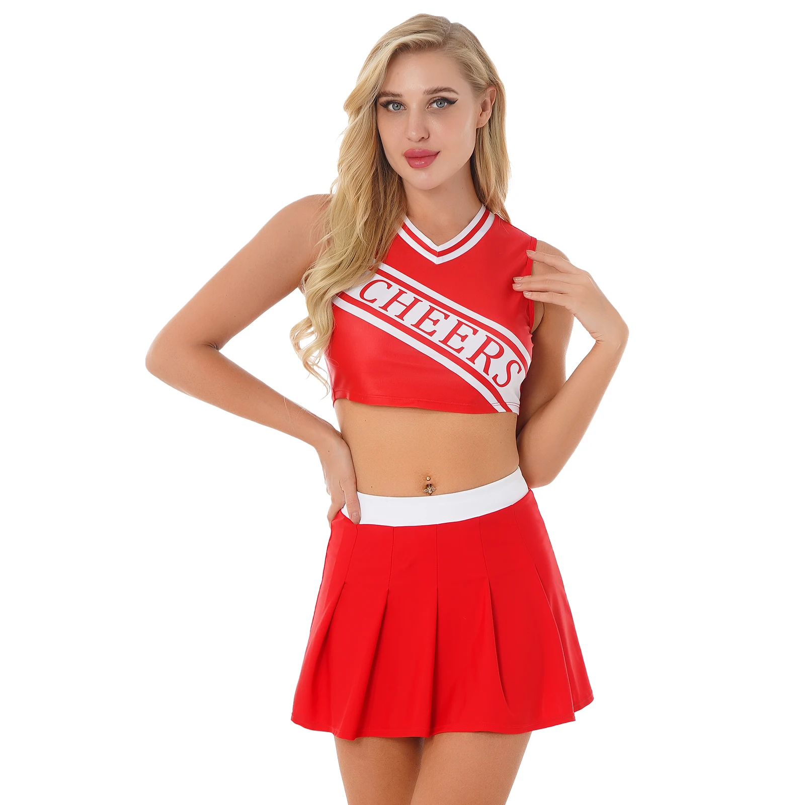 

Women Cheerleading Outfits Costume Two-piece Role Play Clothes Letter Printing V Neck Sleeveless Crop Top with Pleated Skirt