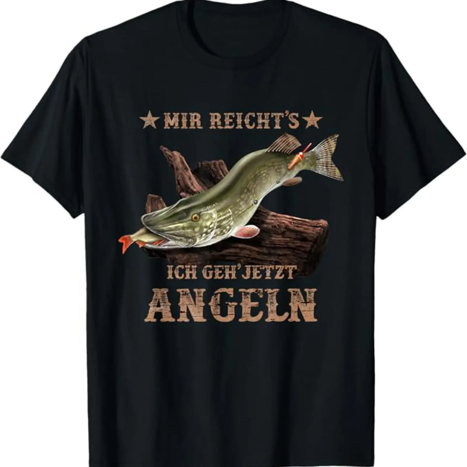 Фото Футболка Cool Hecht Angler с немецким текстом «Mir reichts ich geh now angeln» черная, винтажная, с эффектом потертости, удобная, унисекс №1