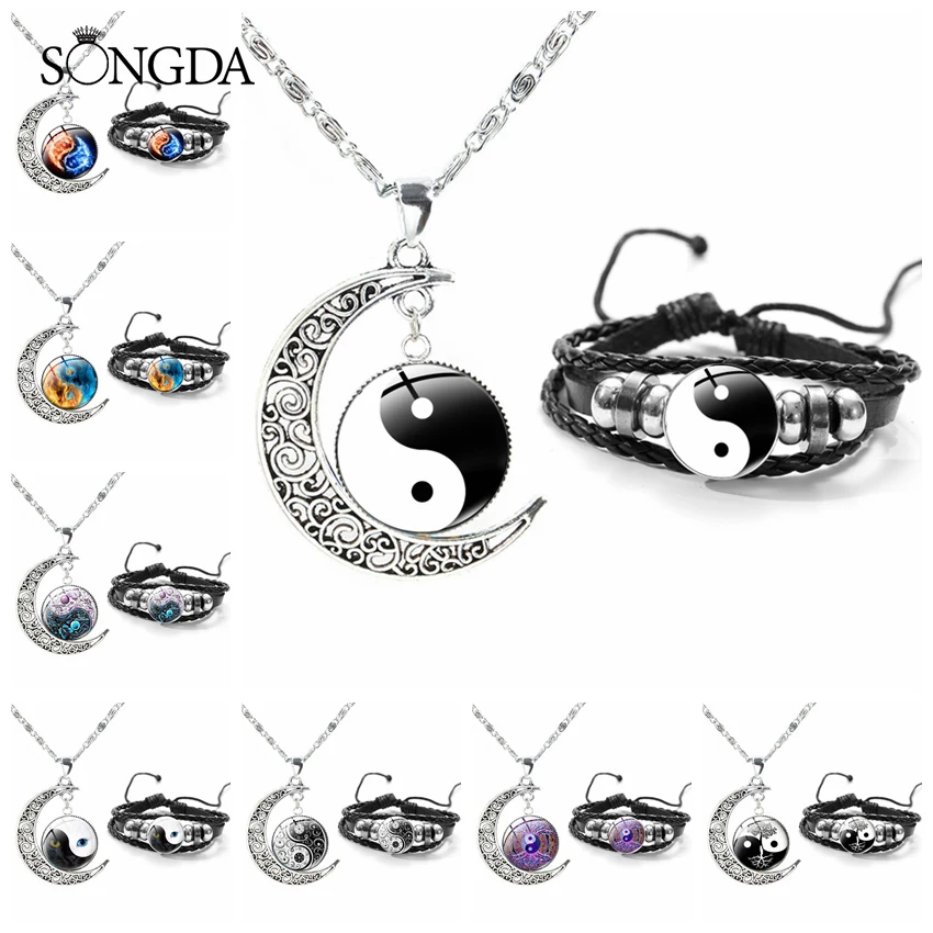 

Fashion Yin Yang Tai Chi Jewelry Set Chinese Style Glass Dome Snap Button Leather Bracelets Bagua Diagram Necklaces Trendy Gifts
