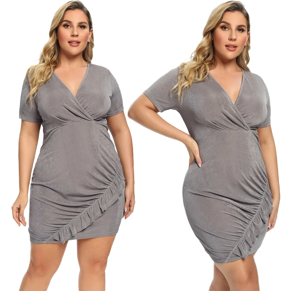 

Sexy V Neck Bodycon Dress Women Summer Short Sleeve Ruffle Club Party Dress Solid Color Female Mini Dress Vestidos 2022 Fashion