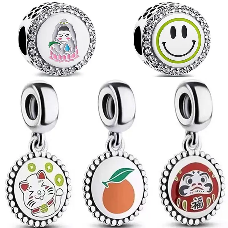 

New 925 Sterling Silver Charm China Shining Guanyin Charm Lucky Cat Dharma Pendant Bead Fit Popular Bracelet DIY Jewelry