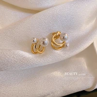 a two piece pearl earrings french female niche personality design earbobs new trendy french retro temperament all match eardrops